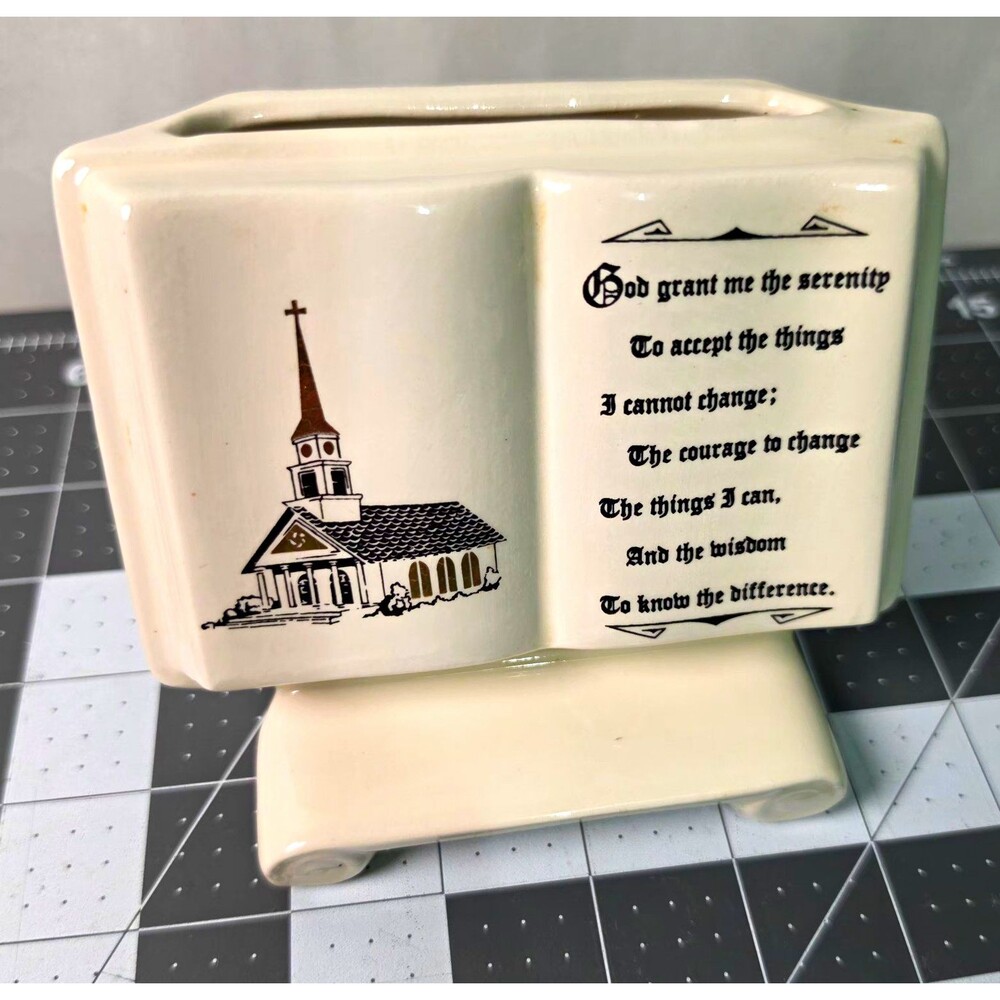 Vintage Mid-Century Ceramic Serenity Prayer Book Planter Vase